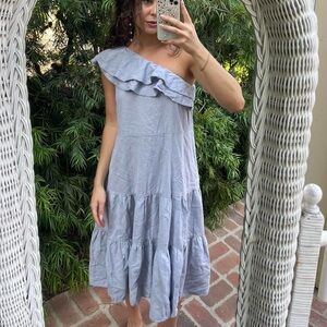 Nicole Miller Asymmetrical One Shoulder Linen Tiered Midi ruffle Dress size M
